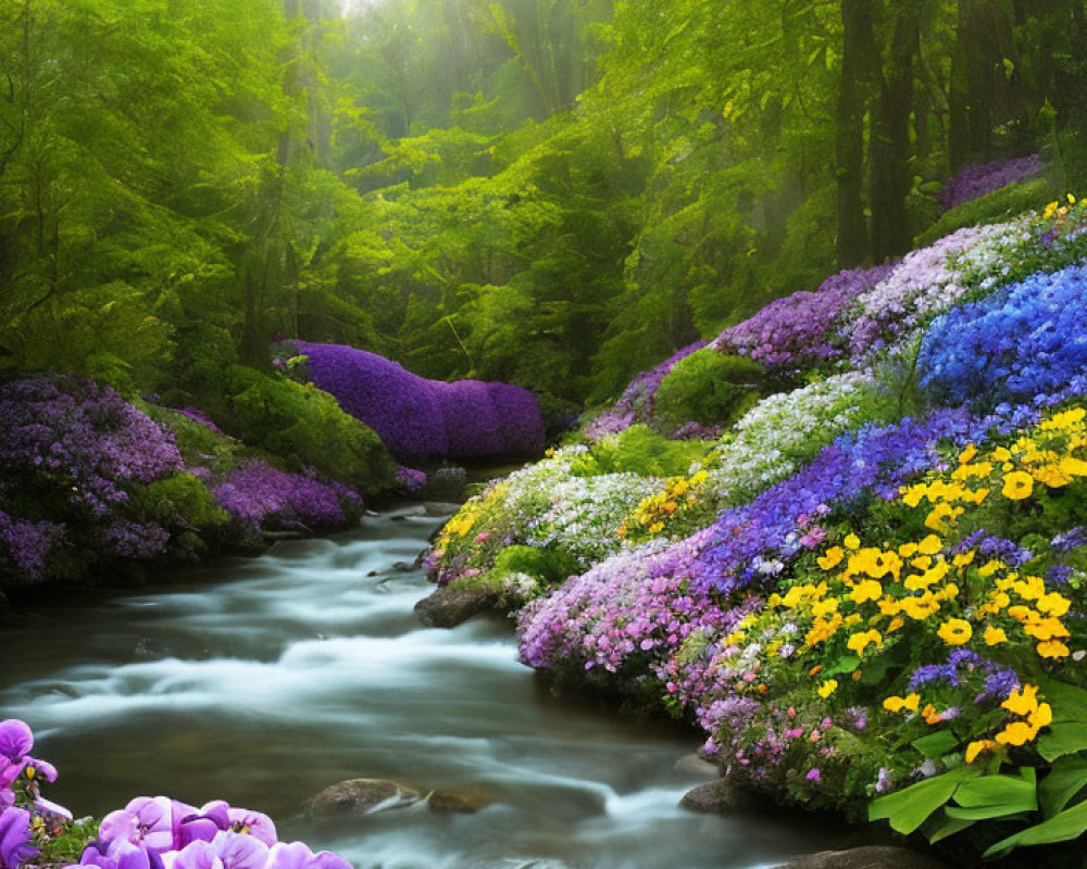 Tranquil stream in lush forest with vibrant flowers and sunlight