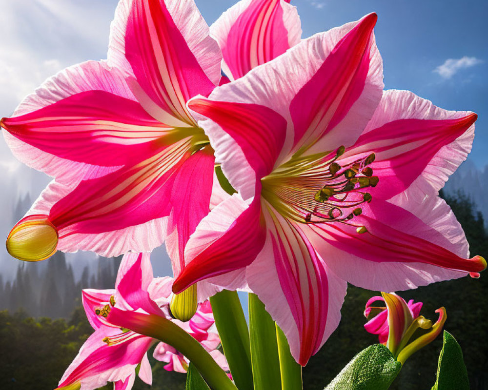 Close-up of vibrant pink and white lilies under bright blue sky with sunrays filtering through petals