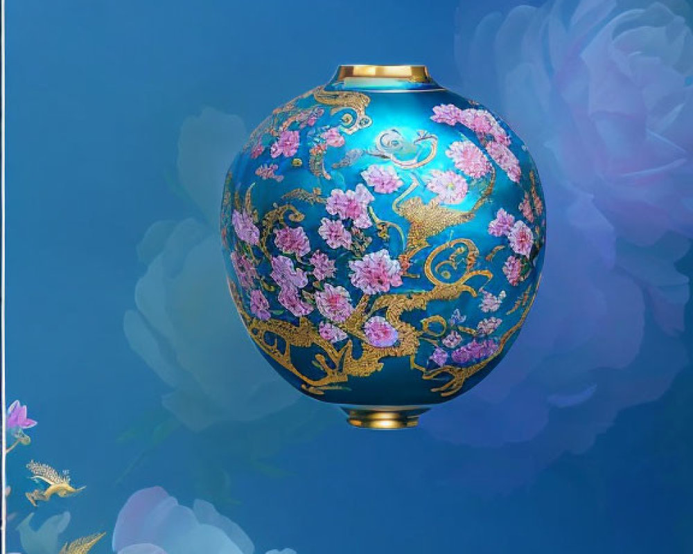 Blue vase with gold and pink floral patterns on gradient blue background