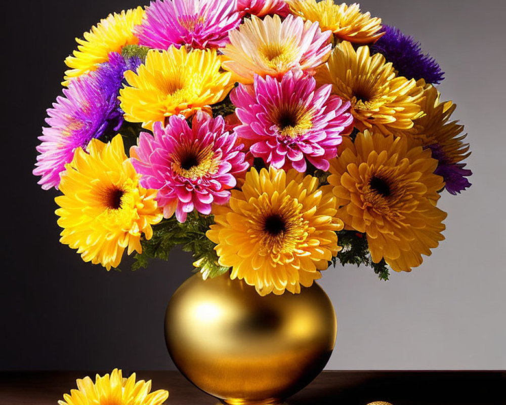 Colorful Pink and Yellow Gerbera Daisies in Golden Vase on Table with Flower and