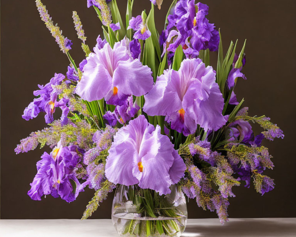 Purple Irises and Lilac Flowers in Clear Glass Vase on Brown Background