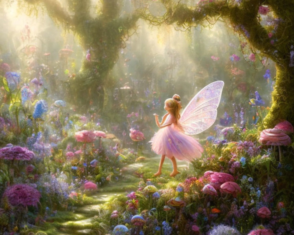 Translucent-winged fairy in magical forest with flowers and mushrooms