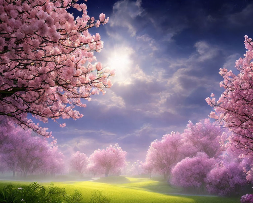 Tranquil Cherry Blossom Landscape with Moonlit Sky