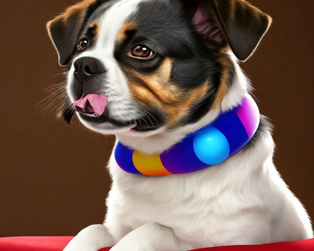 Tricolor Dog with Shiny Coat and Bead Necklace on Brown Background