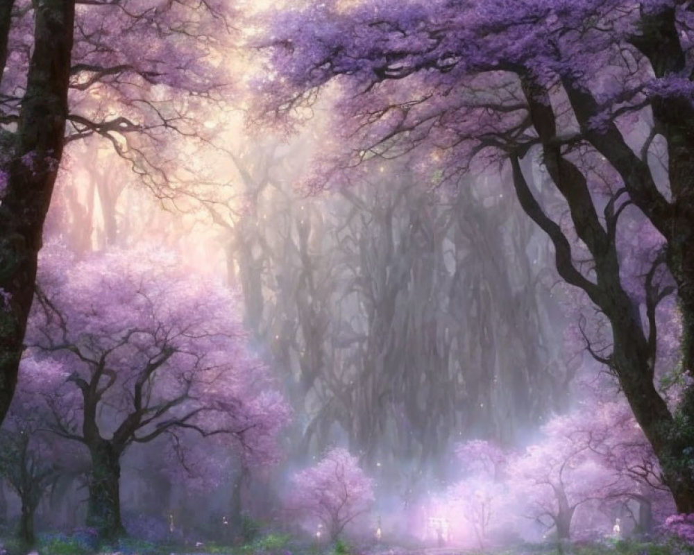 Purple Blossoms in Misty Forest with Sunlight Filtering Through Foliage