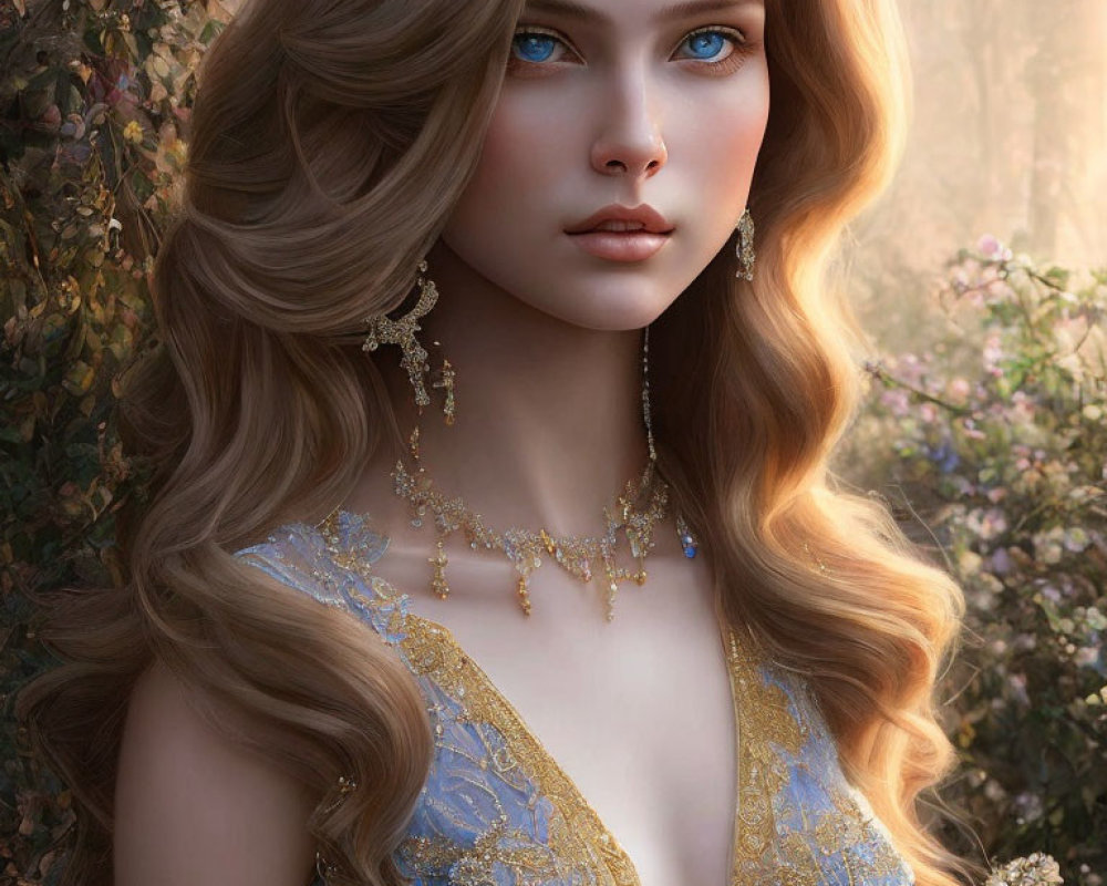 Illustration of woman with wavy blonde hair and blue eyes, adorned with golden jewelry, against floral