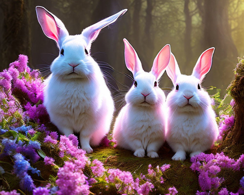 White rabbits with pink glowing ears in mystical forest with purple flowers