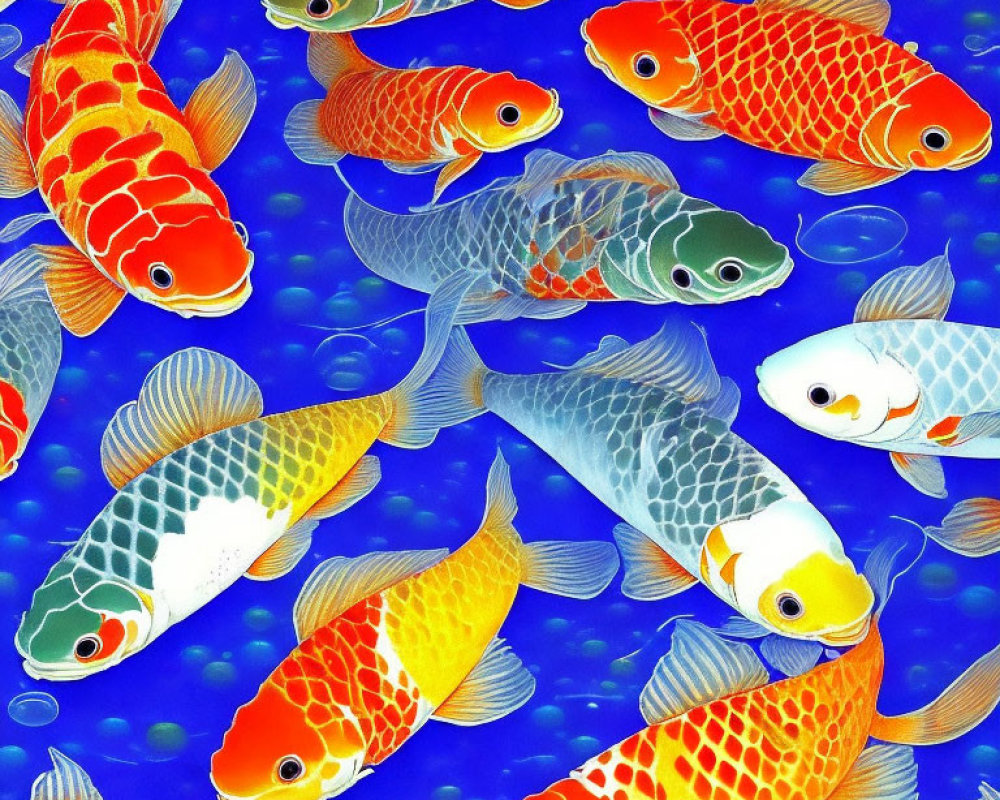 Colorful Koi Fish Swimming in Vibrant Blue Background with Bubble Patterns