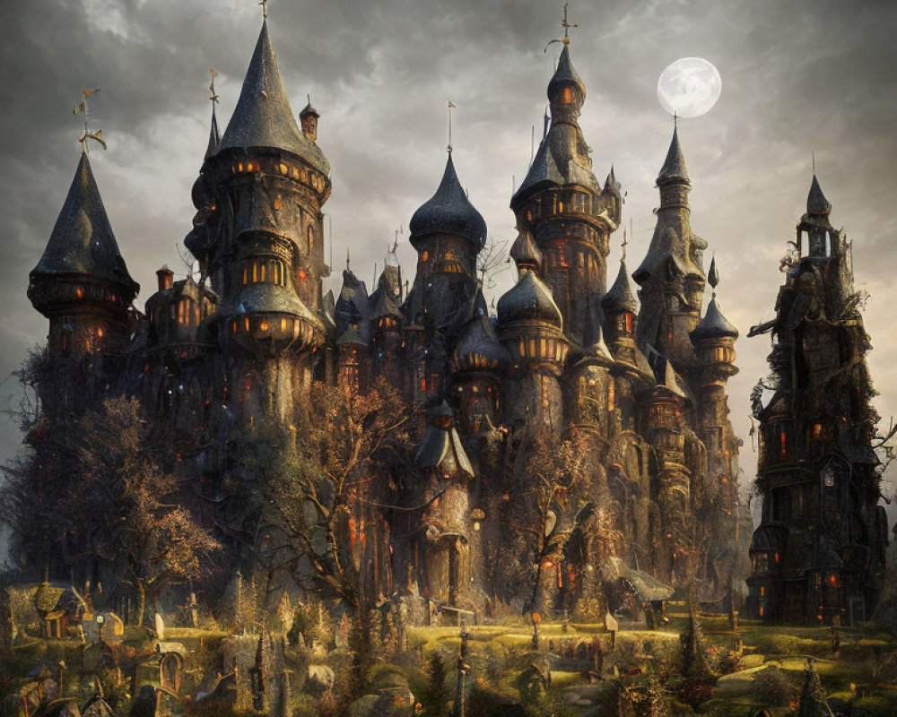 Gothic-style castle in eerie landscape with full moon