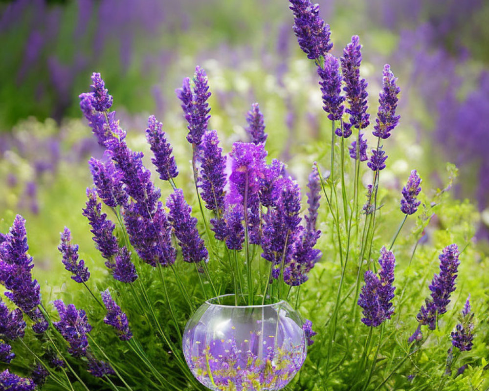 Transparent Glass Vase with Floating Lavender in Lush Garden