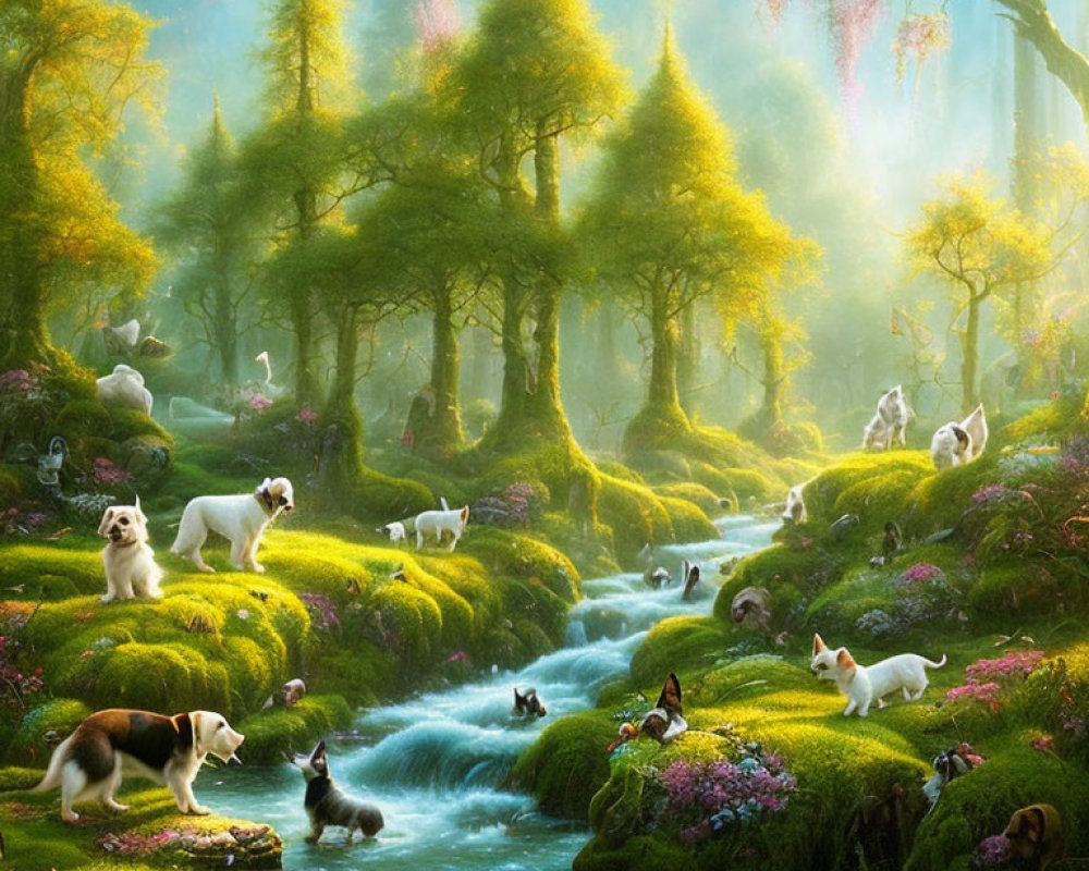 Lush Enchanted Forest with Dogs, Flowers, and Streams