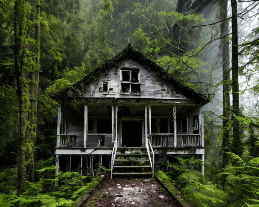 Abandoned two-story house in foggy forest