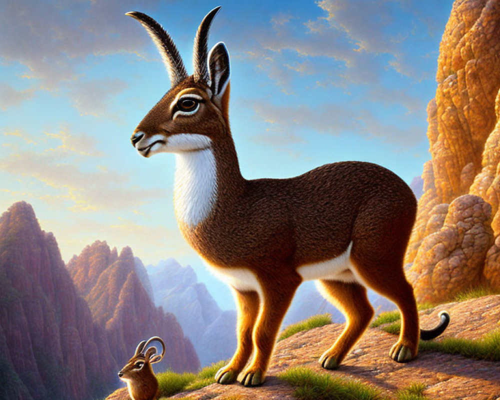 Illustration of Two Klipspringer Antelopes on Rocky Outcrop at Sunrise/Sunset