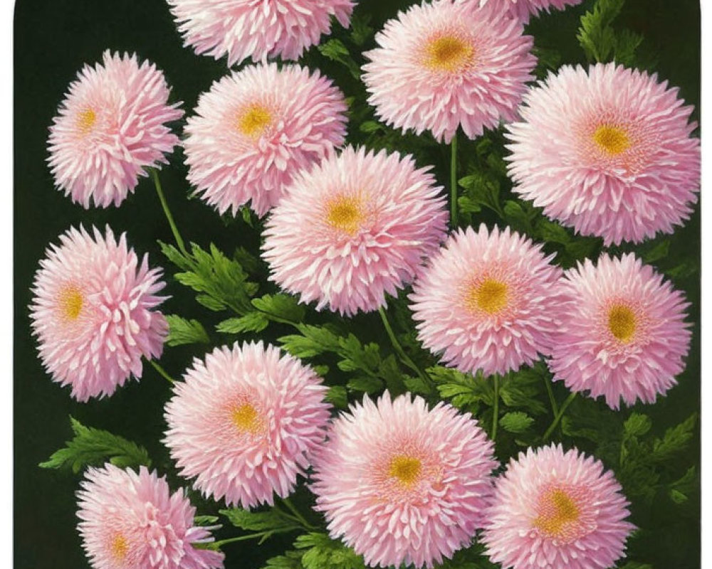 Pink chrysanthemums in blue and white vase on dark background