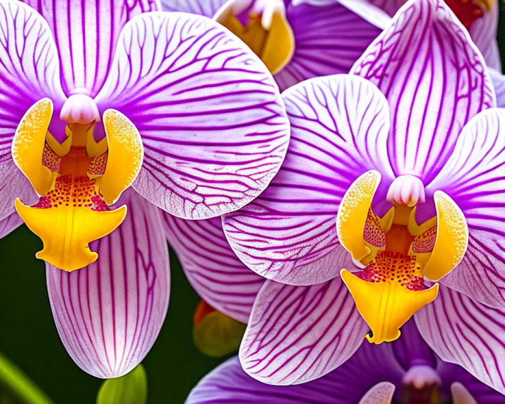 Vibrant Purple and White Striped Orchids with Yellow and Orange Centers on Green Background