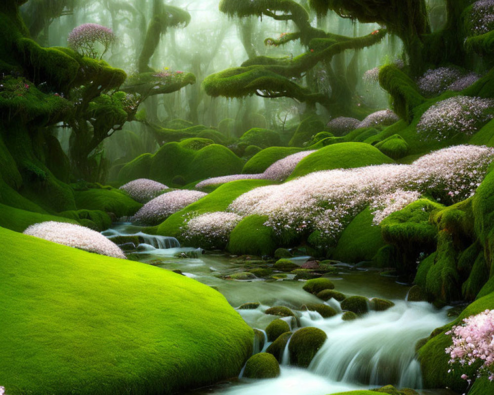 Tranquil stream in mystical forest with pink flowers and foggy ambiance