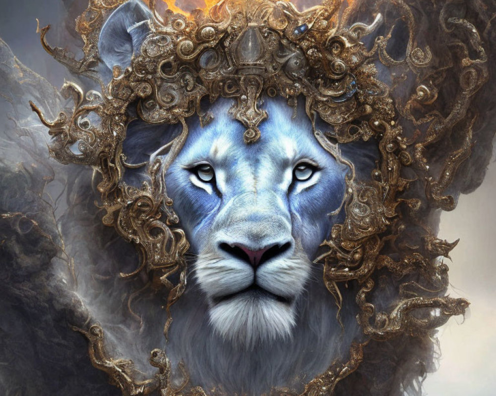 Blue-faced lion with golden headpiece in fiery scene