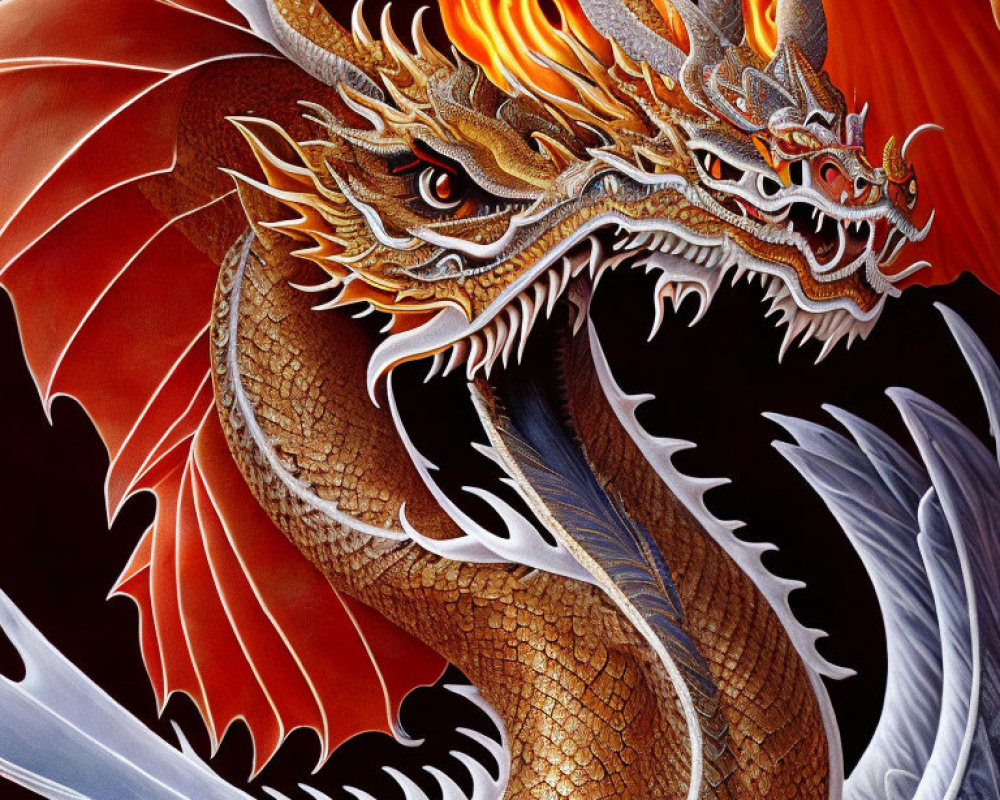 Vibrant dragon with fiery mane and golden scales in red and orange hues