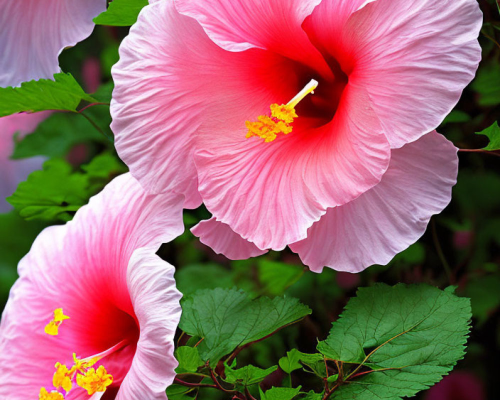 Pink Hibiscus Flowers with Yellow Stamens and Green Leaves