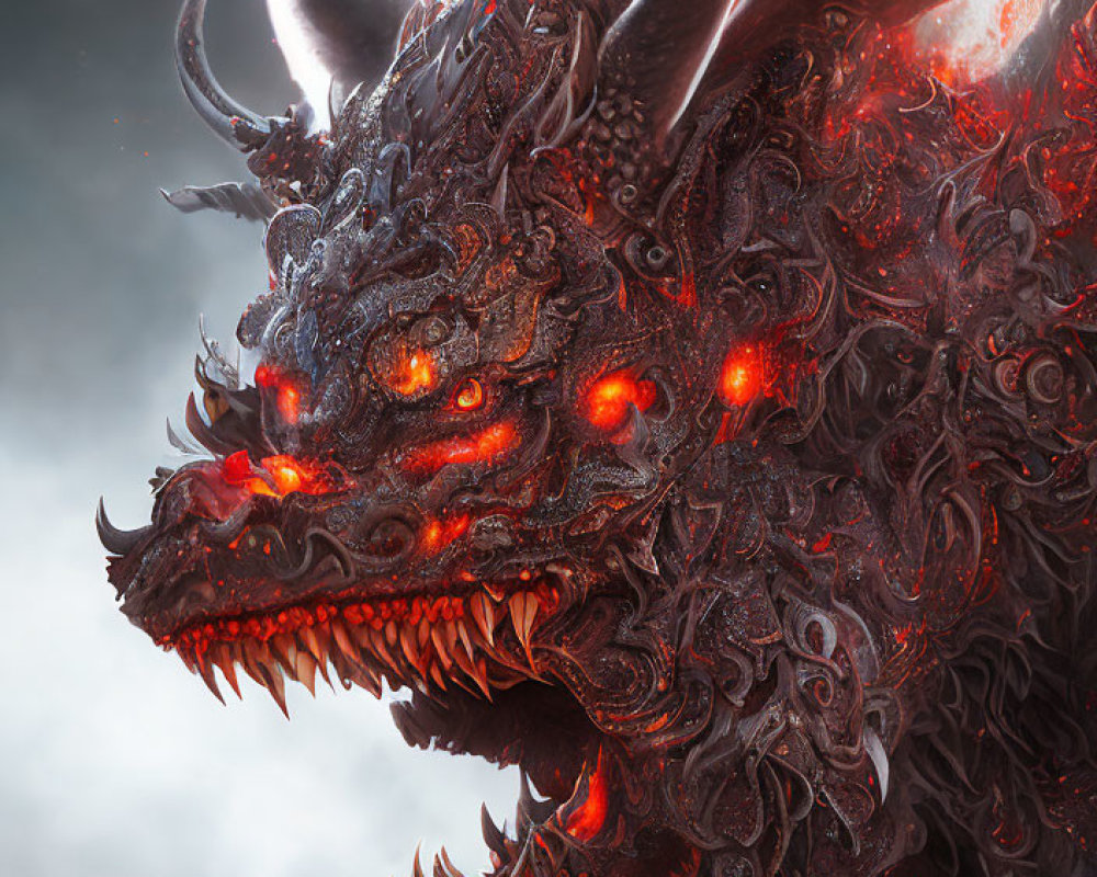 Majestic dragon with red eyes, sharp horns, and intricate scales in misty setting