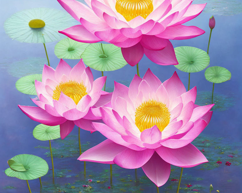 Pink Lotus Flowers Blooming on Green Lily Pads in Blue Water Landscape