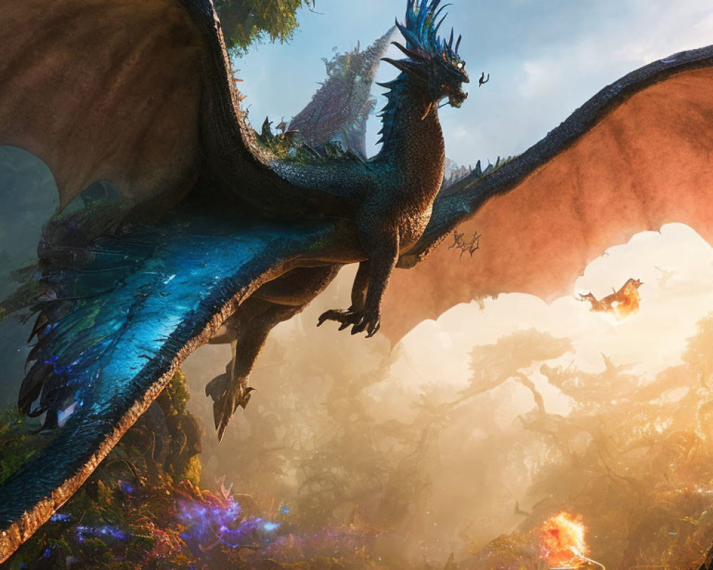 Blue-scaled dragon with wings in forest, another dragon breathing fire in mystical fog