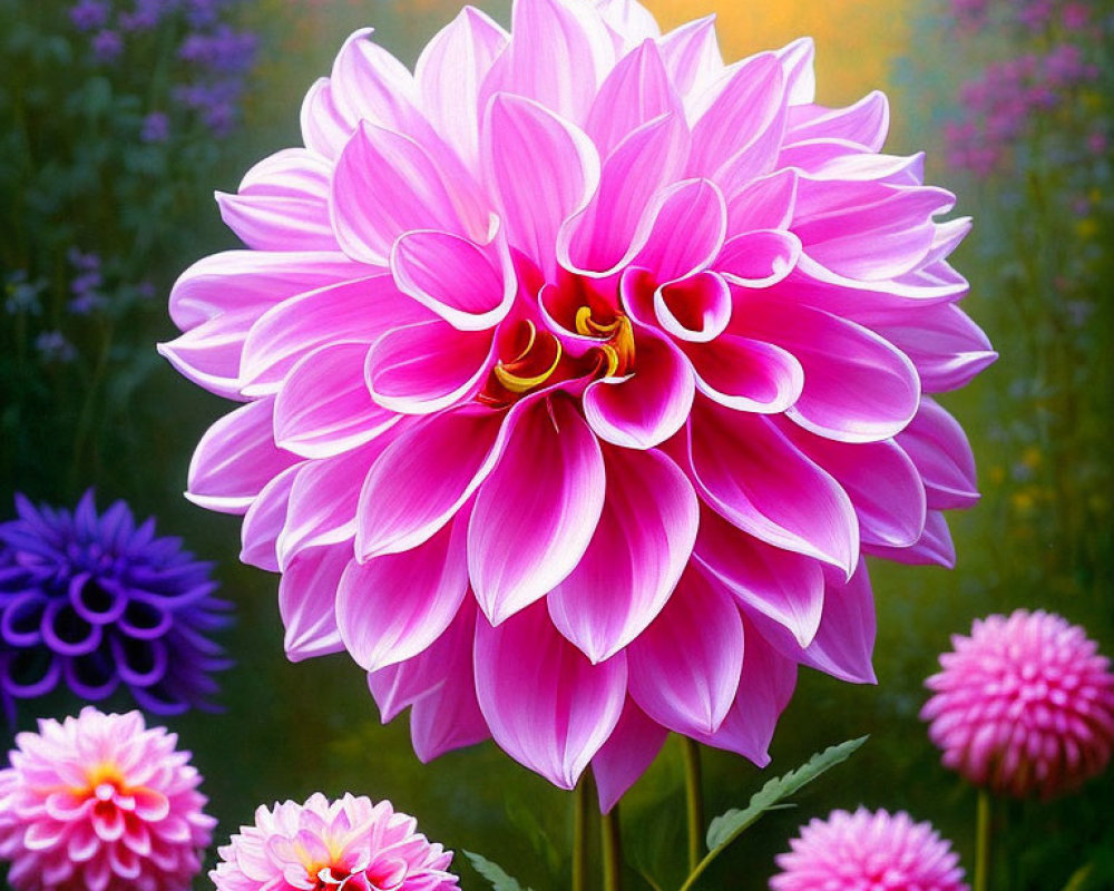 Pink Dahlia Flower with Intricate Petals on Soft Purple and Green Background