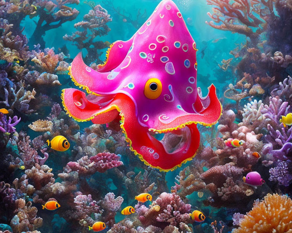 Colorful animated octopus swimming over vibrant coral reef with fish