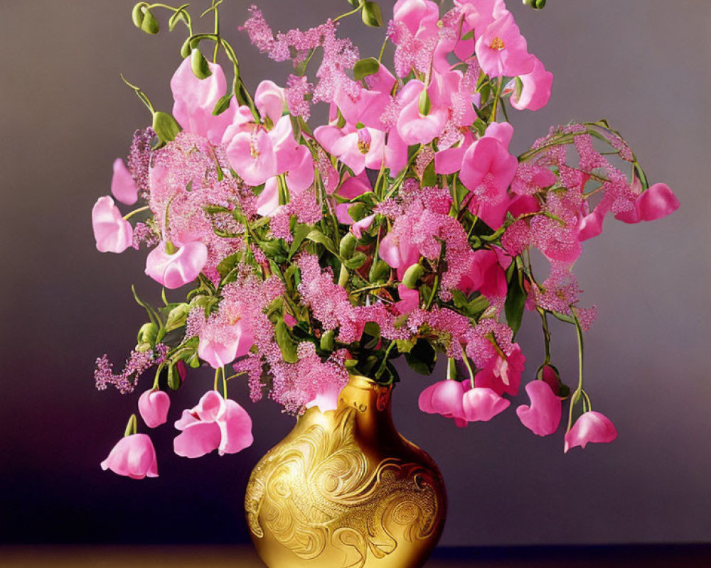 Pink Flowers and Foliage in Golden Vase on Muted Background