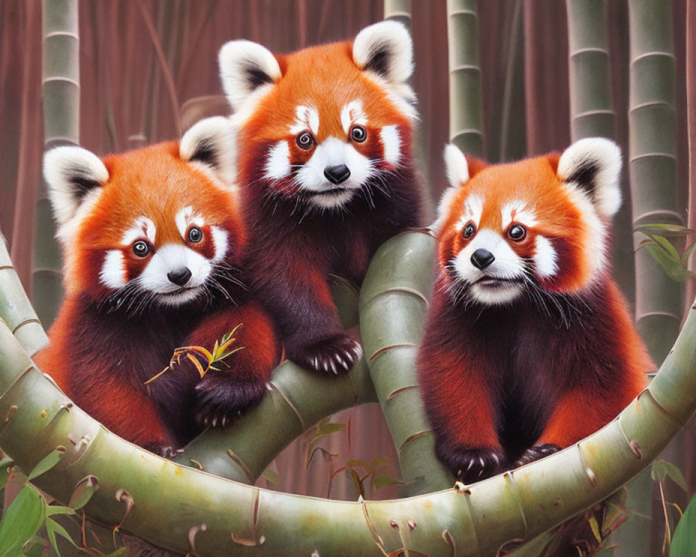 Three red pandas in bamboo grove with vibrant fur and white facial markings