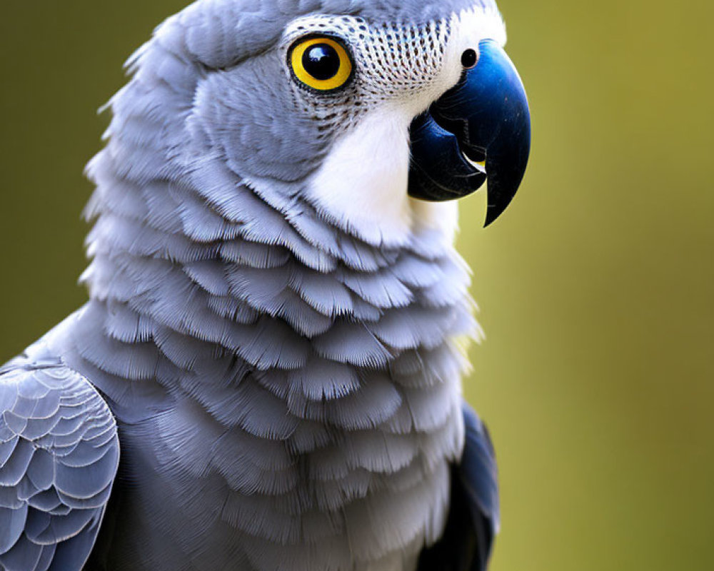 African Grey Parrot with Yellow Eye and Dark Plumage on Green Background