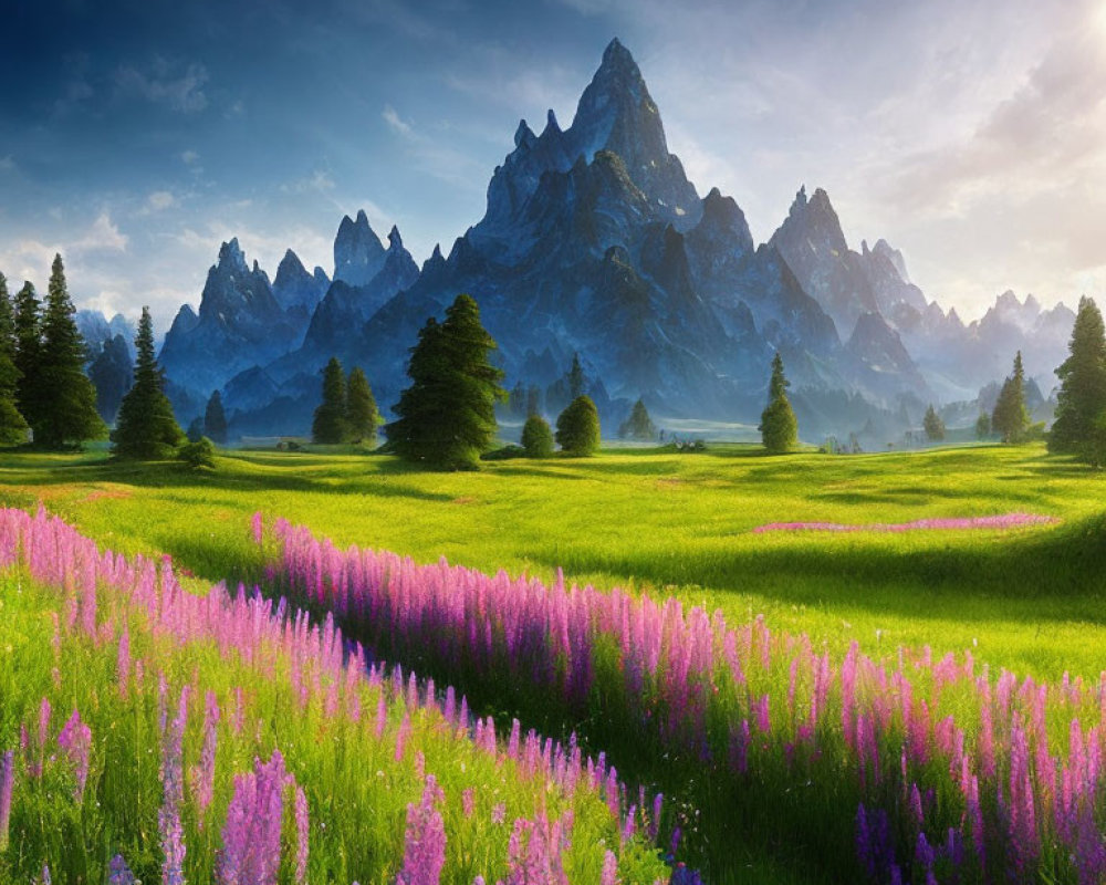 Majestic mountain range with vivid purple wildflowers