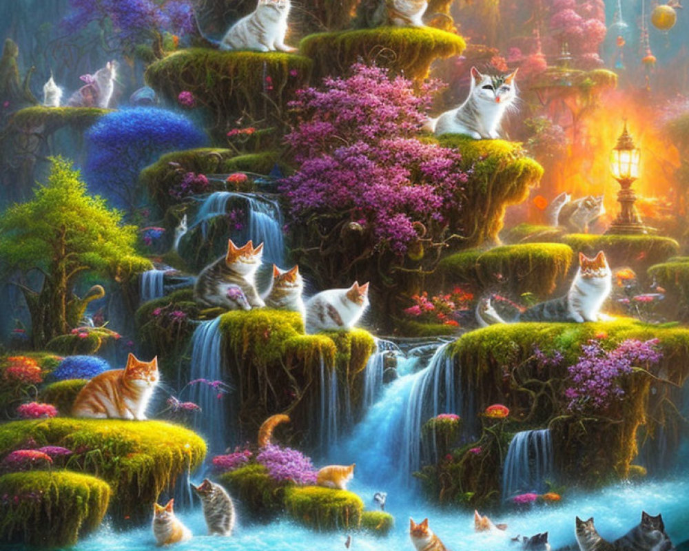 Fantasy landscape with cats, terraces, waterfalls, flowers, lantern