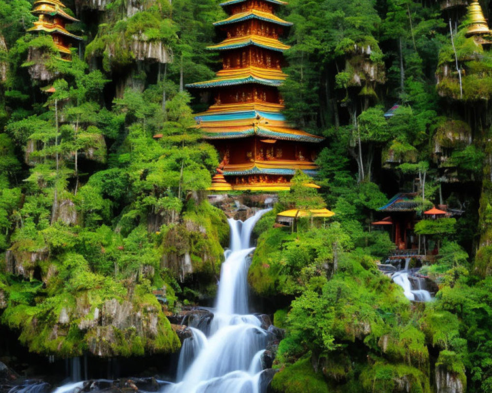 Tranquil landscape: multi-tiered pagoda, lush greenery, cascading waterfalls.