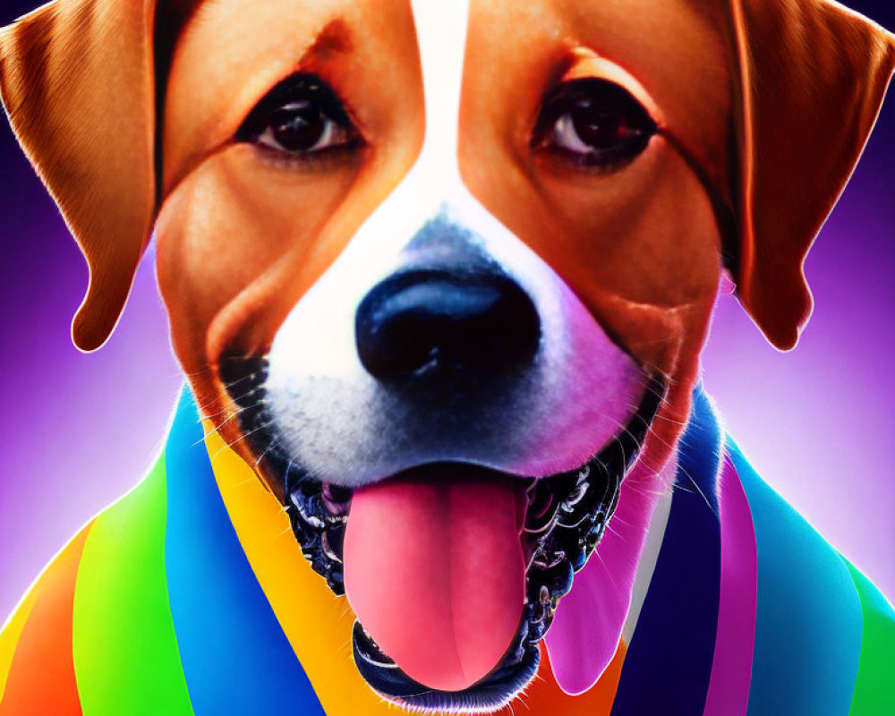 Colorful Dog Artwork with Rainbow Body and Smiling Face on Gradient Background