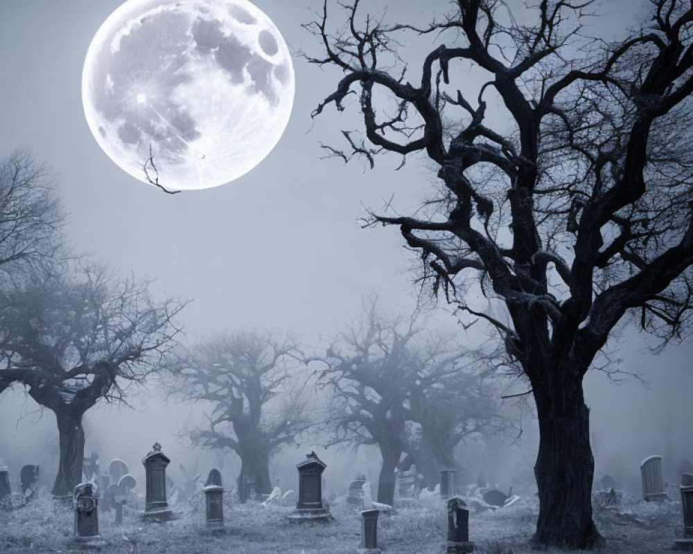 Full Moon Illuminates Foggy Graveyard with Tombstones and Bare Trees