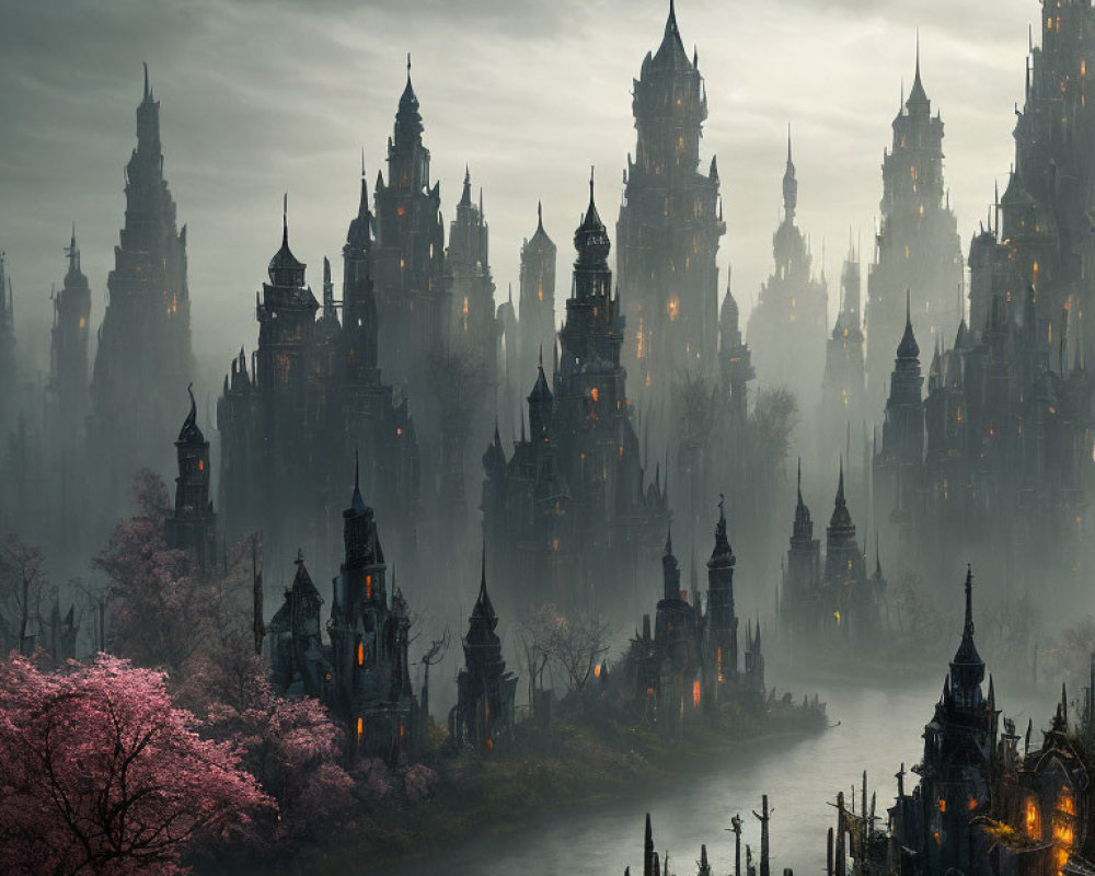 Fantasy landscape with gothic spires, river, and blooming tree