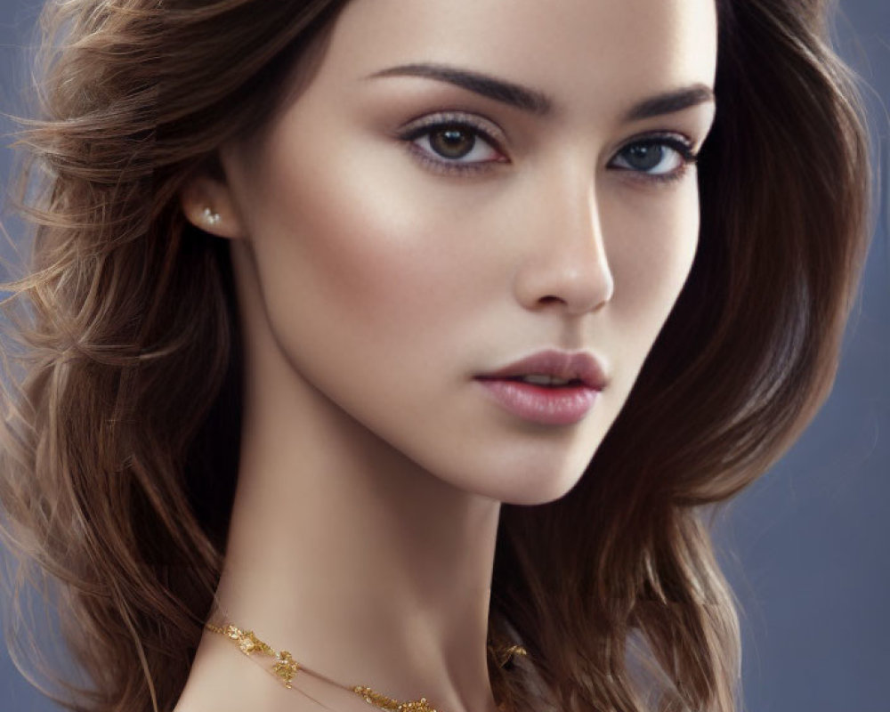 Portrait of woman with flowing brown hair, blue eyes, and golden necklace.