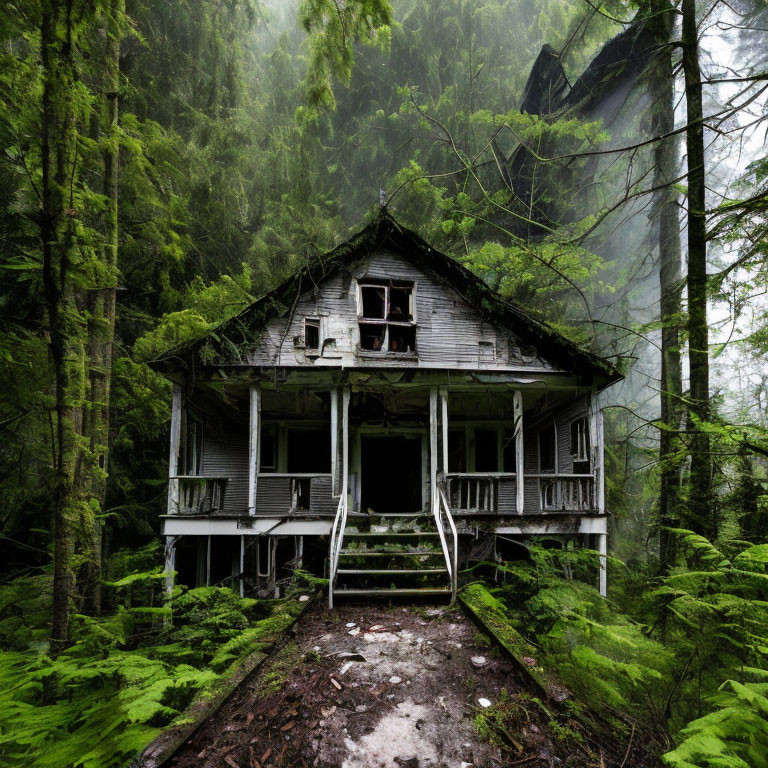 Abandoned two-story house in foggy forest