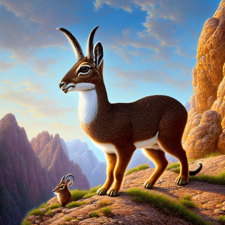 Illustration of Two Klipspringer Antelopes on Rocky Outcrop at Sunrise/Sunset