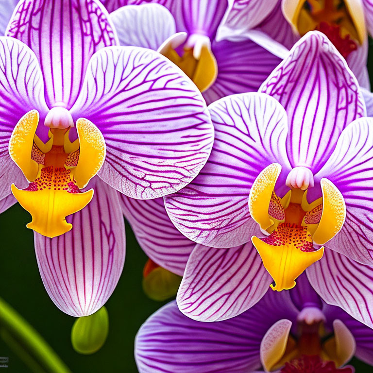 Vibrant Purple and White Striped Orchids with Yellow and Orange Centers on Green Background