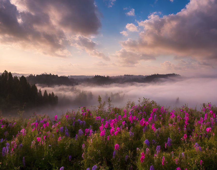 beautiful flower on a lakeside in a misty morning