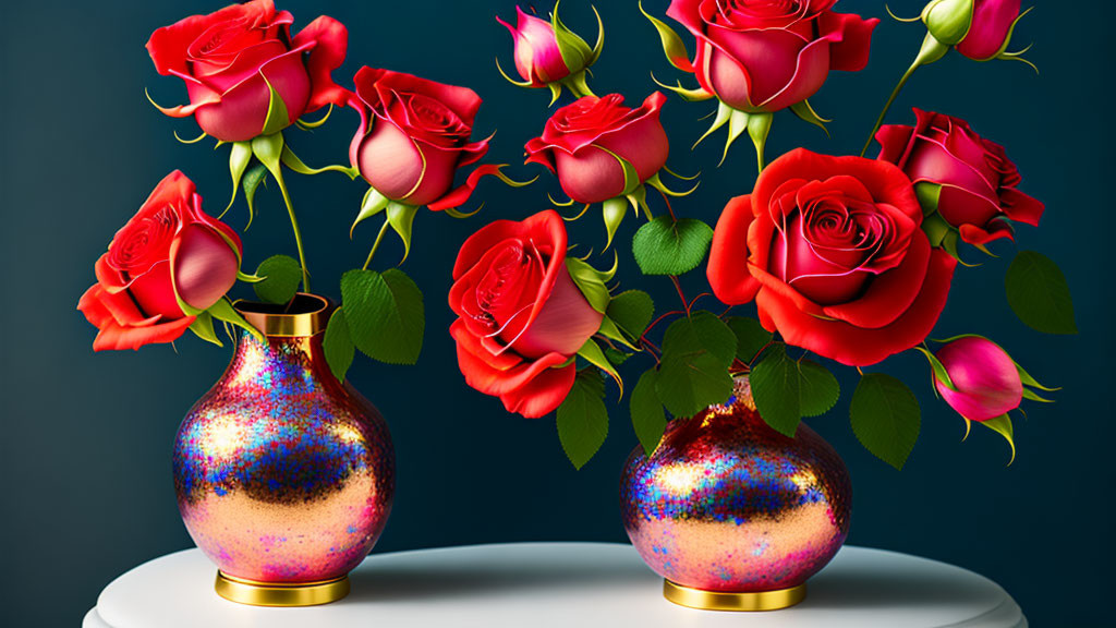 Bright red and pink roses in full bloom with glossy vases on dark blue background