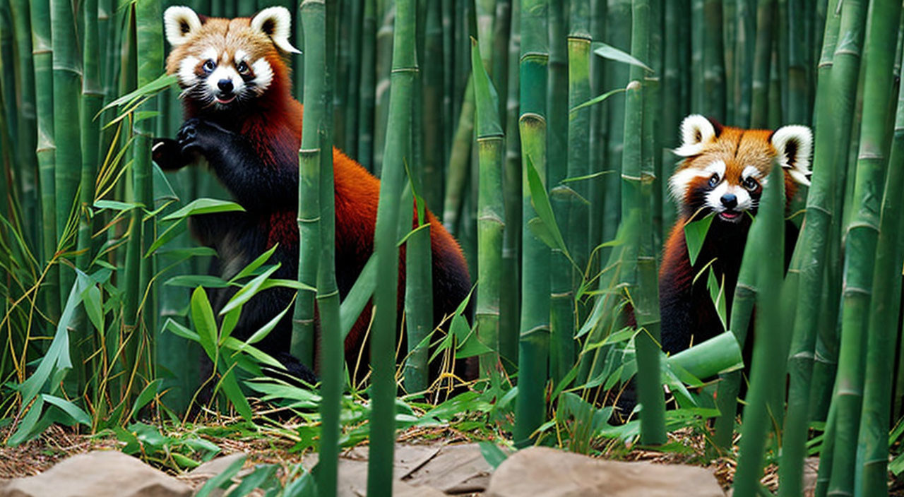 Two red pandas in bamboo forest, one eating leaves, the other observing.