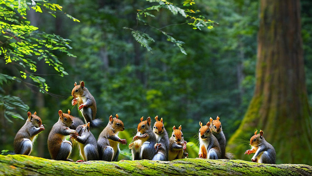 Squirrels with nuts on log in forest setting