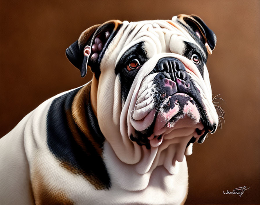 Realistic Bulldog Painting with Detailed Fur and Pink Nose