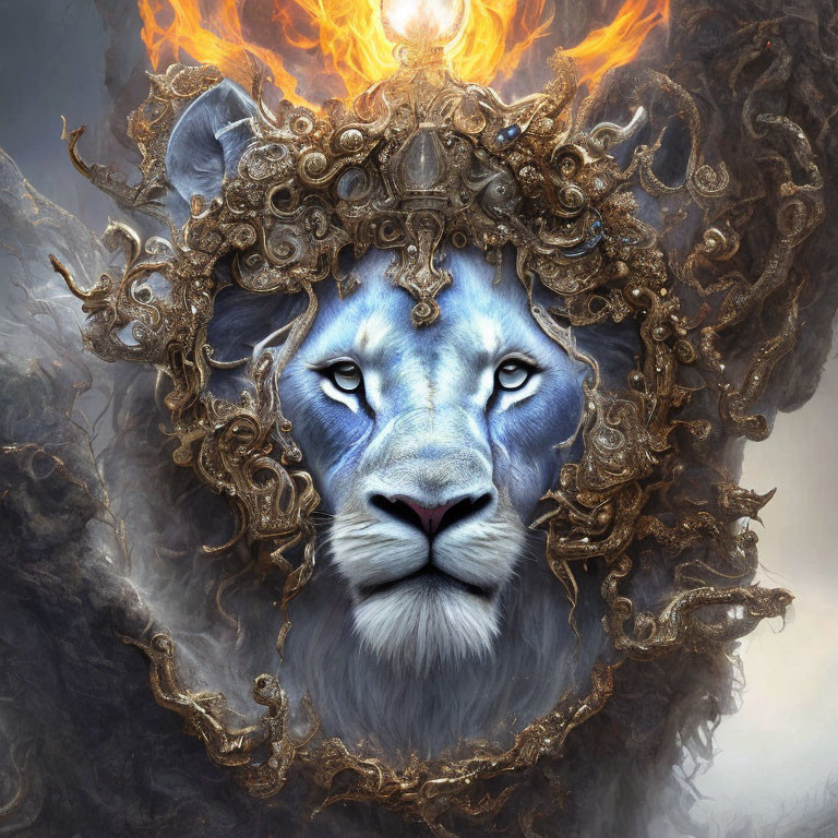 Blue-faced lion with golden headpiece in fiery scene