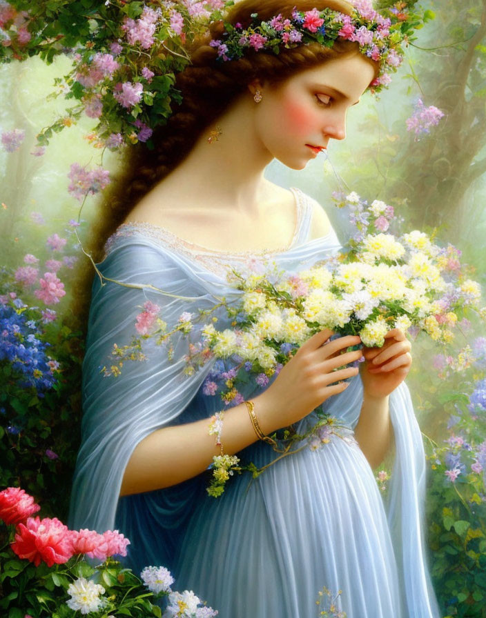 Woman in Blue Draped Gown with Floral Wreath in Garden