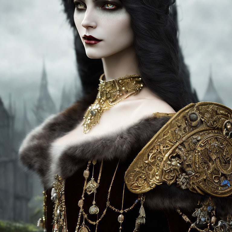 Regal woman with black hair, red lips, green eyes, gold necklace, fur cloak, and