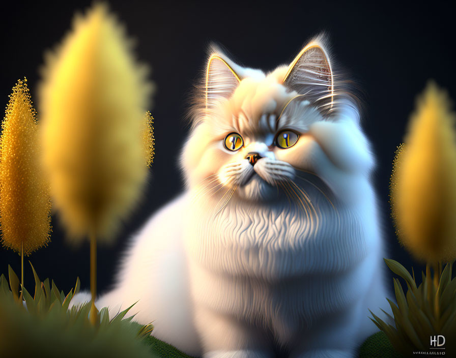 White Persian Cat with Yellow Eyes Among Golden Trees on Dark Background